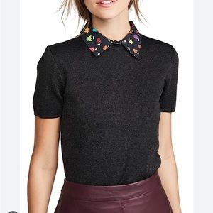 Alice + Olivia aster short sleeve shimmer collared sweater Medium